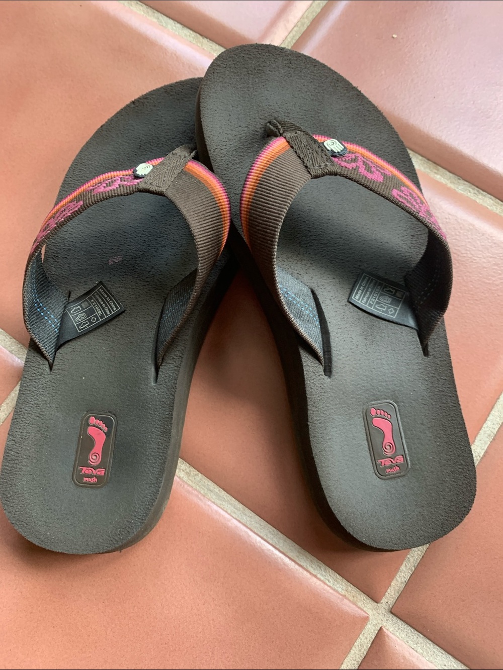 Teva Brown Sandal Flip-Flops with Pink and Orange Strap Accents